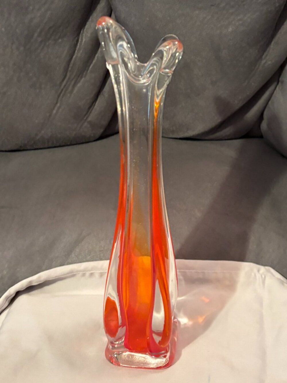 VTG 1960's Kreiss 4 Finger Red/Orange Swung Glass Vase Hand Blown-Japan-9.25" H